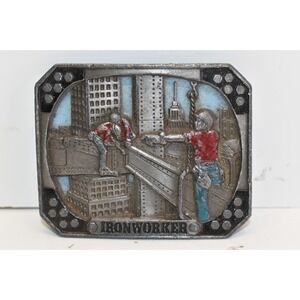 Vintage C&J Inc Pewter Ironworker Belt Buckle I-Beam High Rise Skyscraper 1990